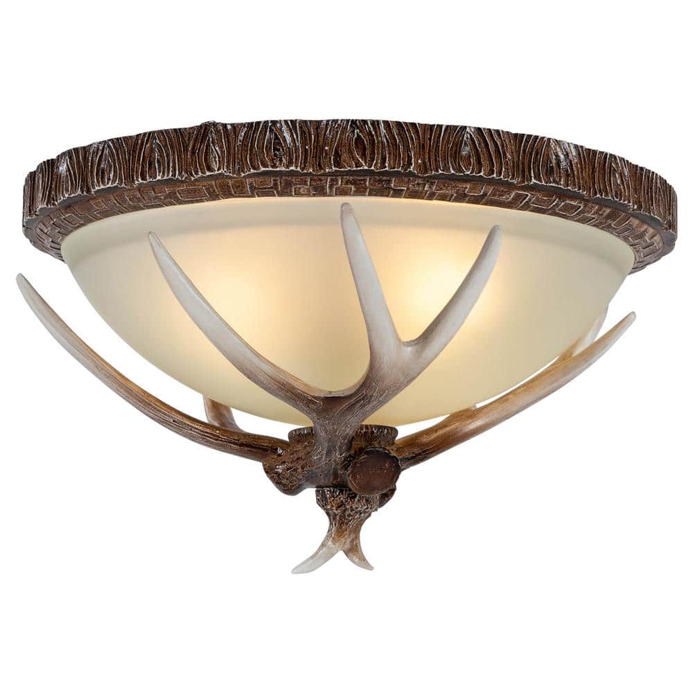 16.5 in. 3-Light Antique Colors Vintage Resin Antler Round Flush Mount Ceiling Light with Glass Lampshade - Hercitys