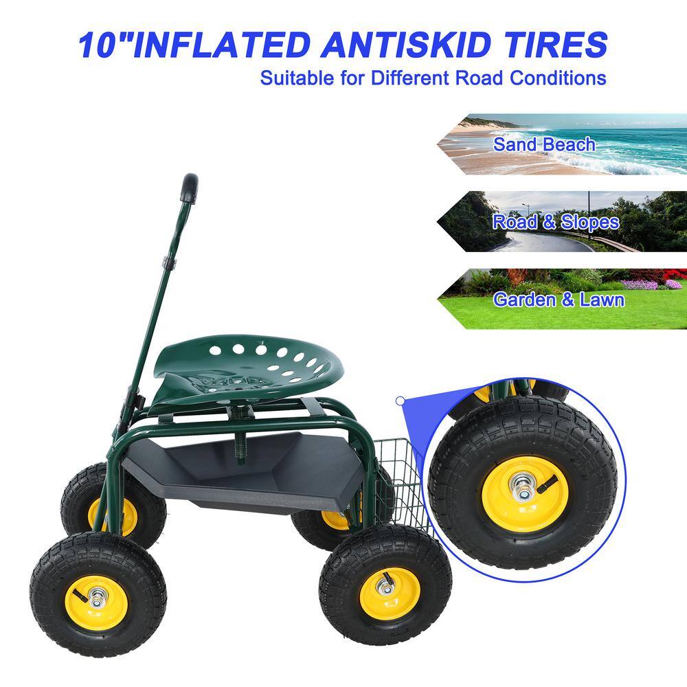 1 cu. ft. Steel Rolling Garden Cart with Tool Tray and 360 Swivel Seat - Hercitys