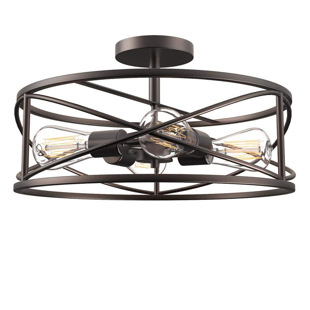 17 in. 4-Light Bronze Caged Drum Semi-Flush Mount - Hercitys