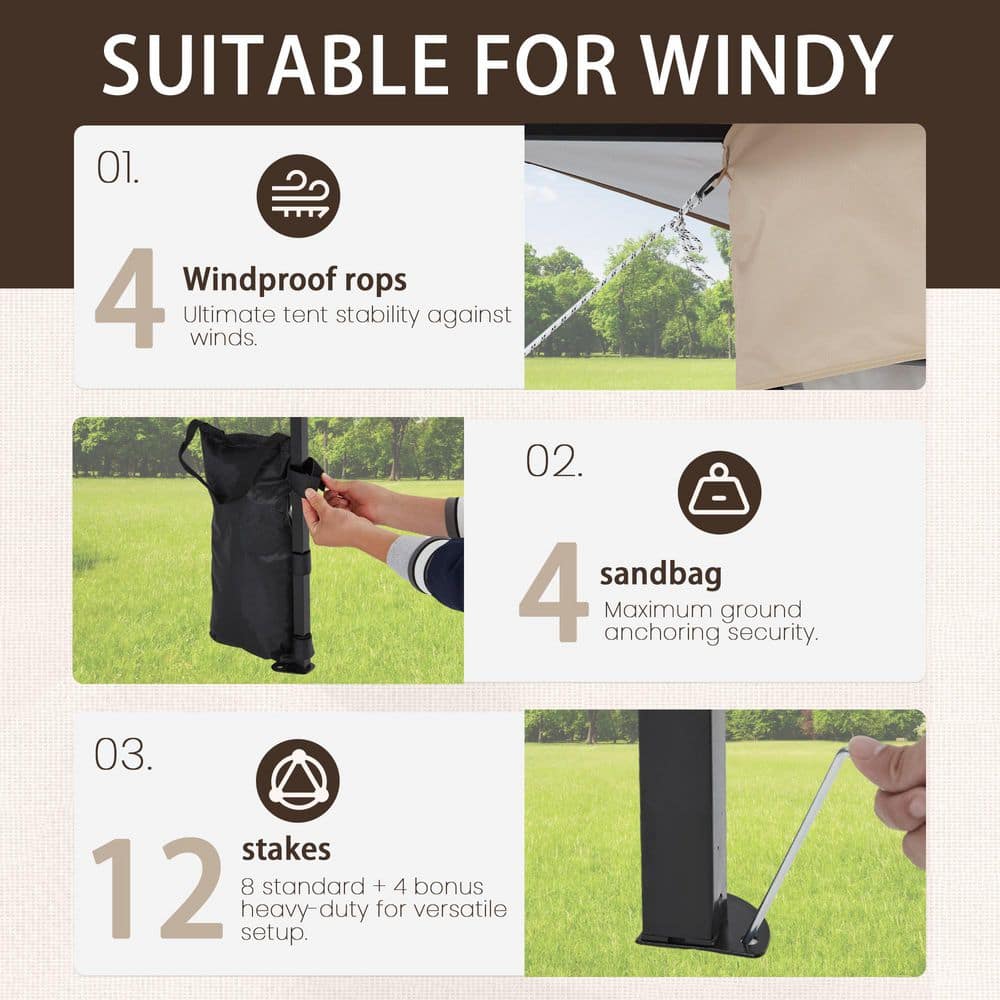 11 ft. x 11 ft. Khaki Pop-Up Gazebo Tent with Mosquito Netting - Hercitys