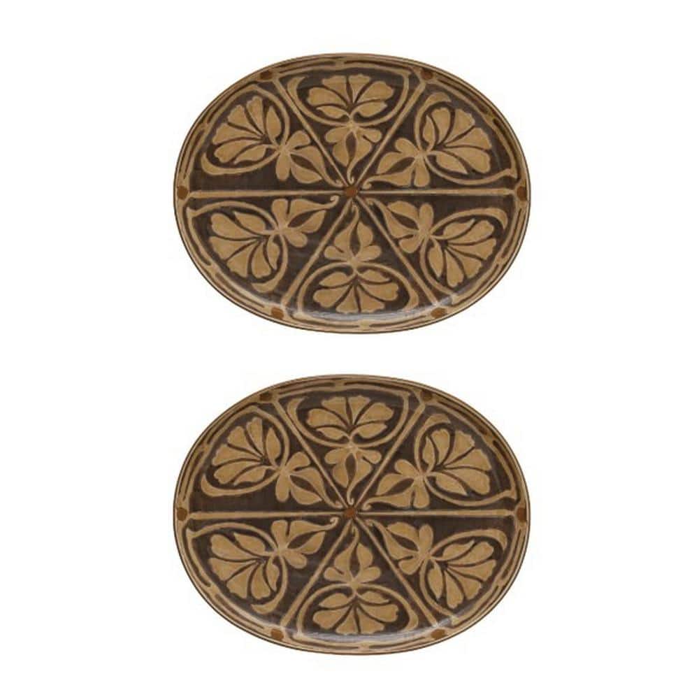 16.38 in. Brown Stoneware Oval Platters (Set of 2) - Hercitys
