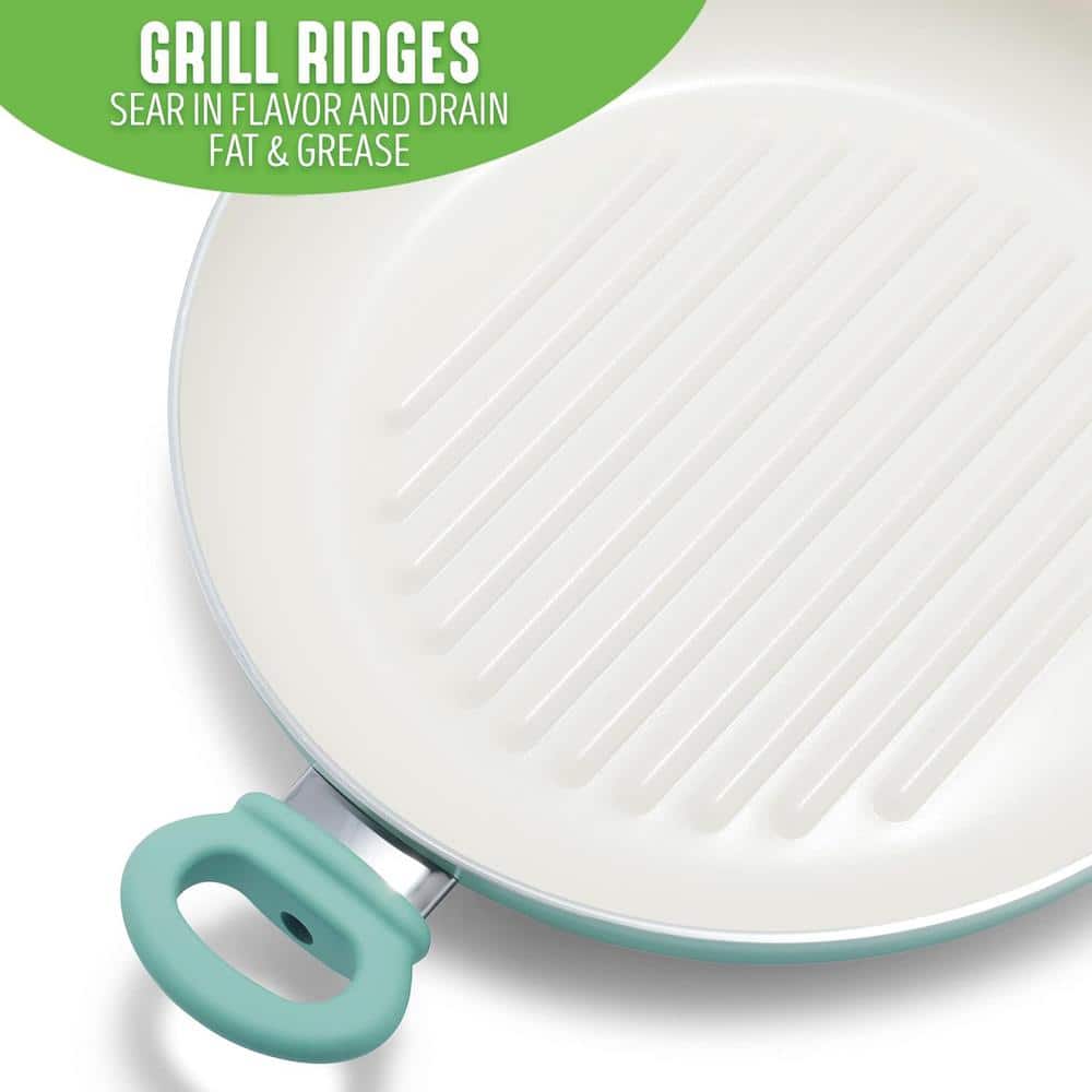 11 in. Healthy Ceramic Nonstick Round Dishwasher Safe Grill Pan in Turquoise with 2 Soft Grip Handles and Glass Lid - Hercitys