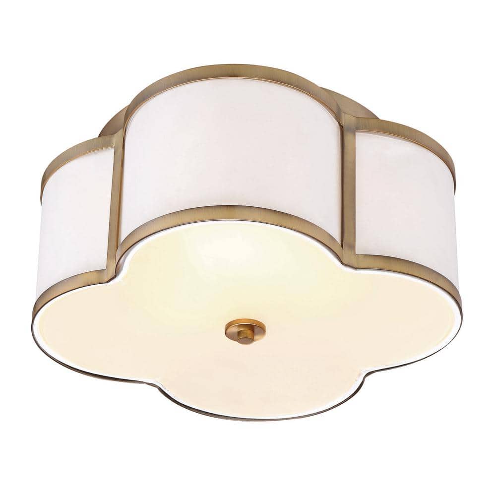 16 in. W x 8 in. H 3-Light Natural Brass Semi-Flush Mount Ceiling Light with White Fabric Shade - Hercitys