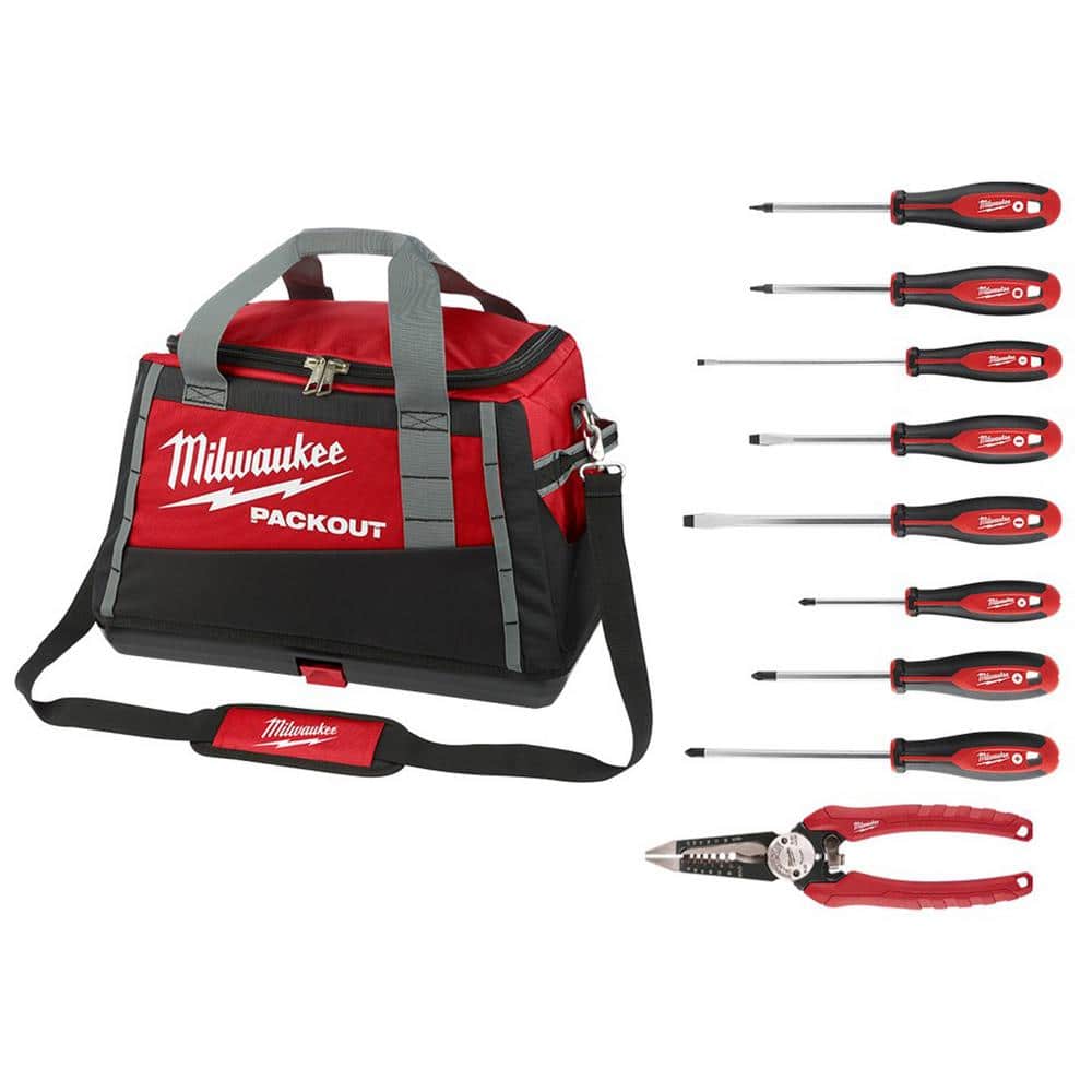 20 in. PACKOUT Tool Duffle Bag with 6-in-1 Wire Strippers Pliers and Screwdriver Set (10-Piece) - Hercitys