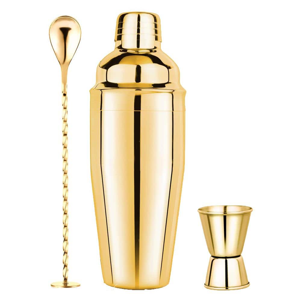 3 in 1 25 oz. Gold Stainless Steel 1-Piece Cocktail Shaker with Measuring Jigger and Mixing Spoon - Hercitys