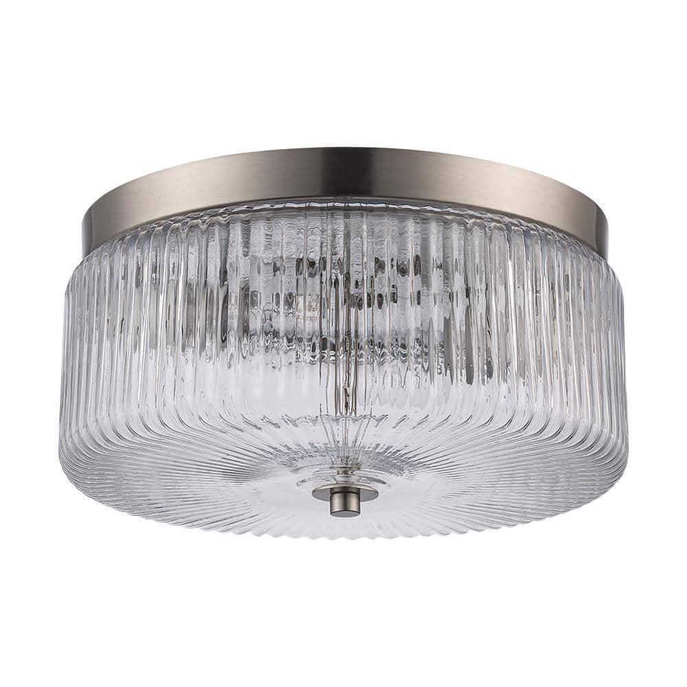 11.75 in. 2-Light Brushed Nickel Flush Mount Ceiling Light Fixture with Clear Ribbed Glass Shade - Hercitys