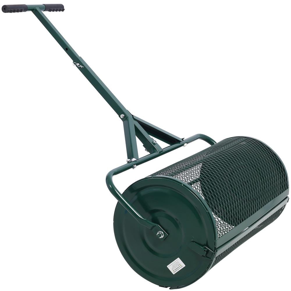 24 in. W Steel Peat Moss Spreader Heavy-Duty Compost Handheld Spreader with Metal Mesh and T-Shaped Handle in Green - Hercitys