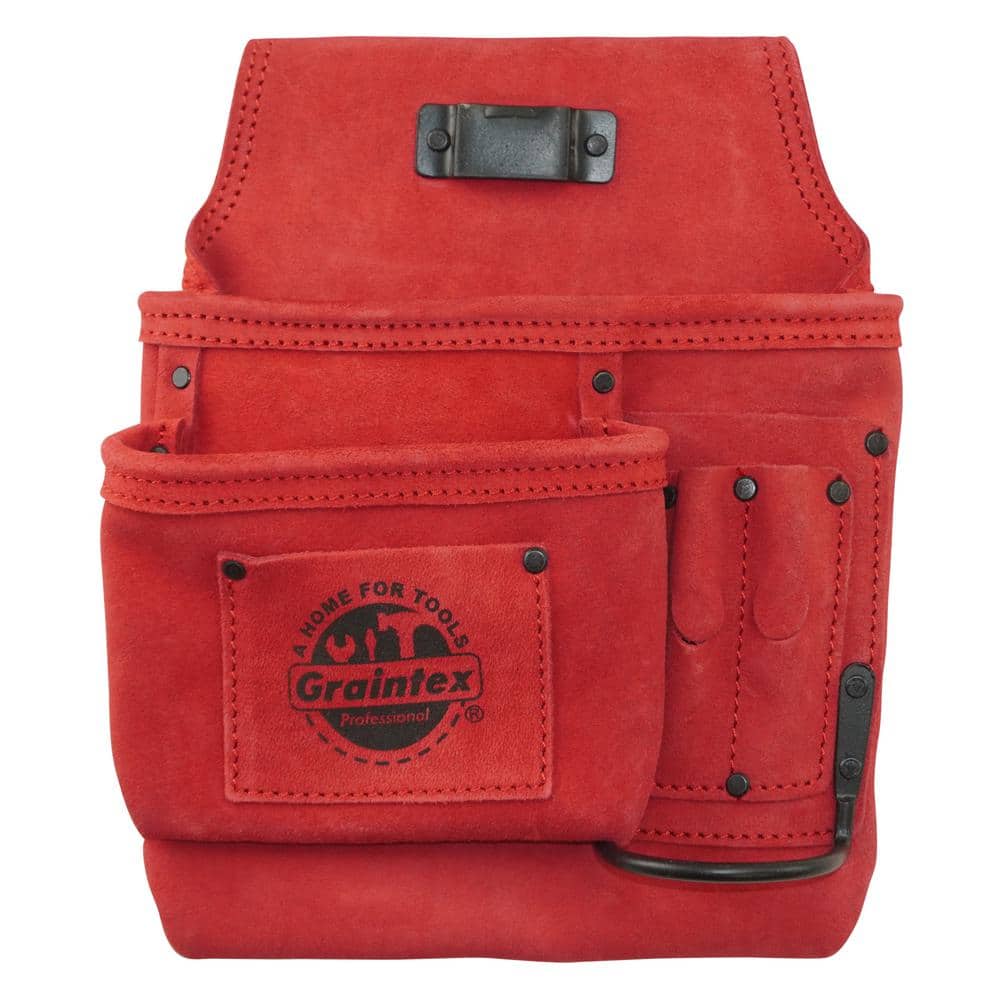 5-Pocket Left Handed Red Nail and Tool Pouch in Suede Leather - Hercitys