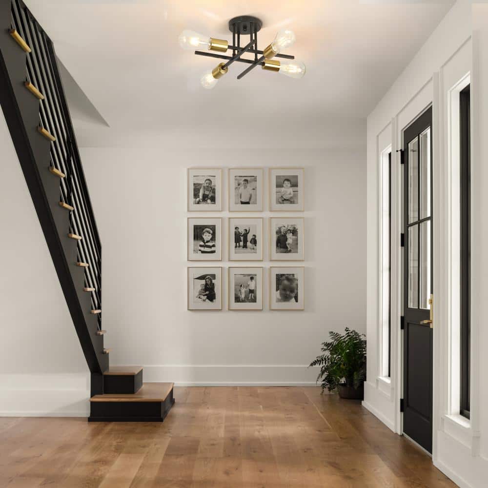 14 in. 4-Light Modern Sputnik Linear Black Metal Industrial Farmhouse Semi- Flush Mount Ceiling Lights Chandelier Light - Hercitys