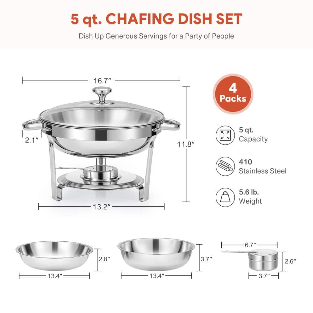 4-Pack 5 qt. Stainless Steel Round Chafing Dishes Buffet Set for Catering Glass Lid Holder - Hercitys