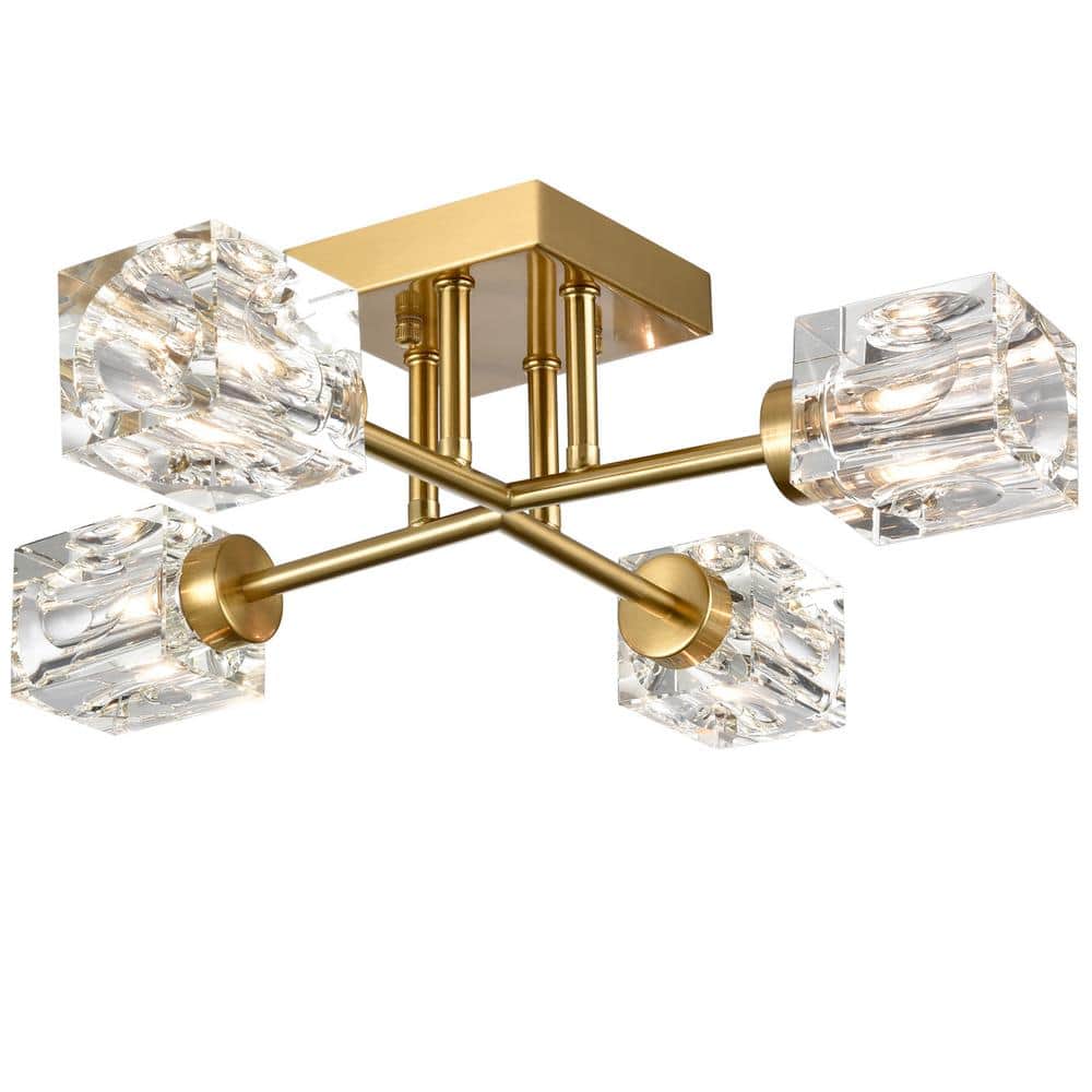 15 in. 4-Light Gold Modern Semi-Flush Mount with Crystal Shade and No Bulbs Included 1-Pack - Hercitys