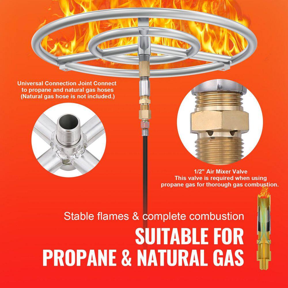 18 in. Round Drop-in Fire Pit Pan, Stainless Steel Fire Pit Burner Kit, Natural & Propane Gas Fire Pan with 150,000 BTU - Hercitys