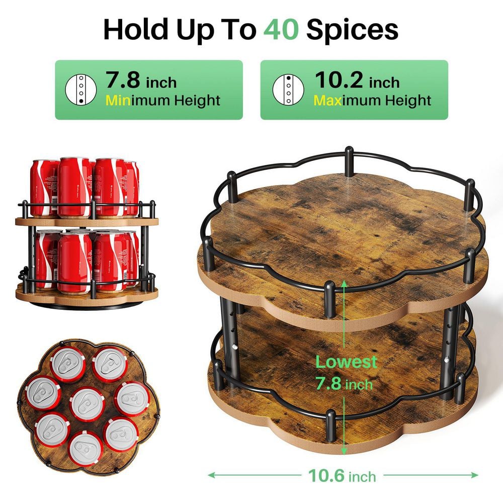 2-Tier Brown and Black Adjustable Height Lazy Susan, Spice Rack, Lazy Turntable Spice Organizer for Cabinet - Hercitys