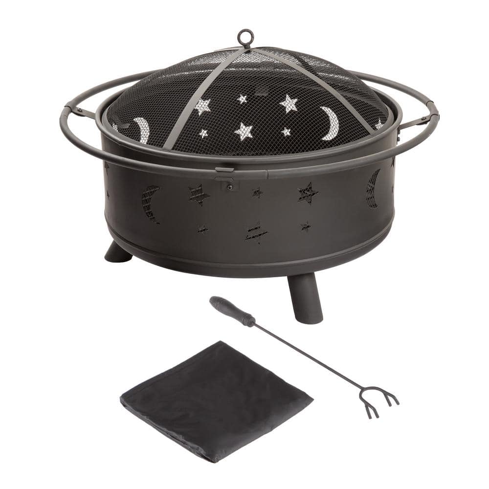 30 in. Round Steel Star and Moon Firepit with Cover - Hercitys