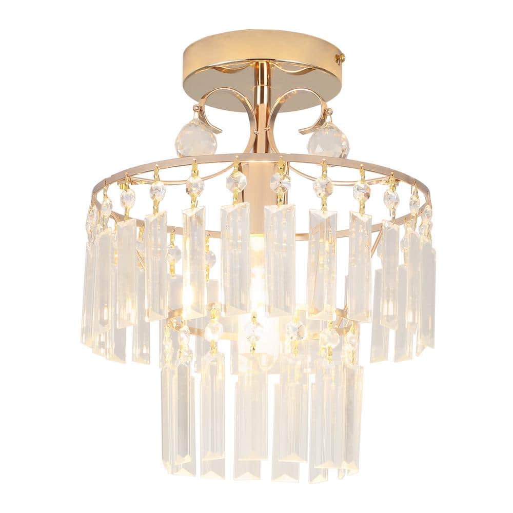 10.62 in. 1 Light Gold Modern Round Semi-Flush Mount Ceiling Light with Clear Crystal Shade and No Bulbs Included - Hercitys