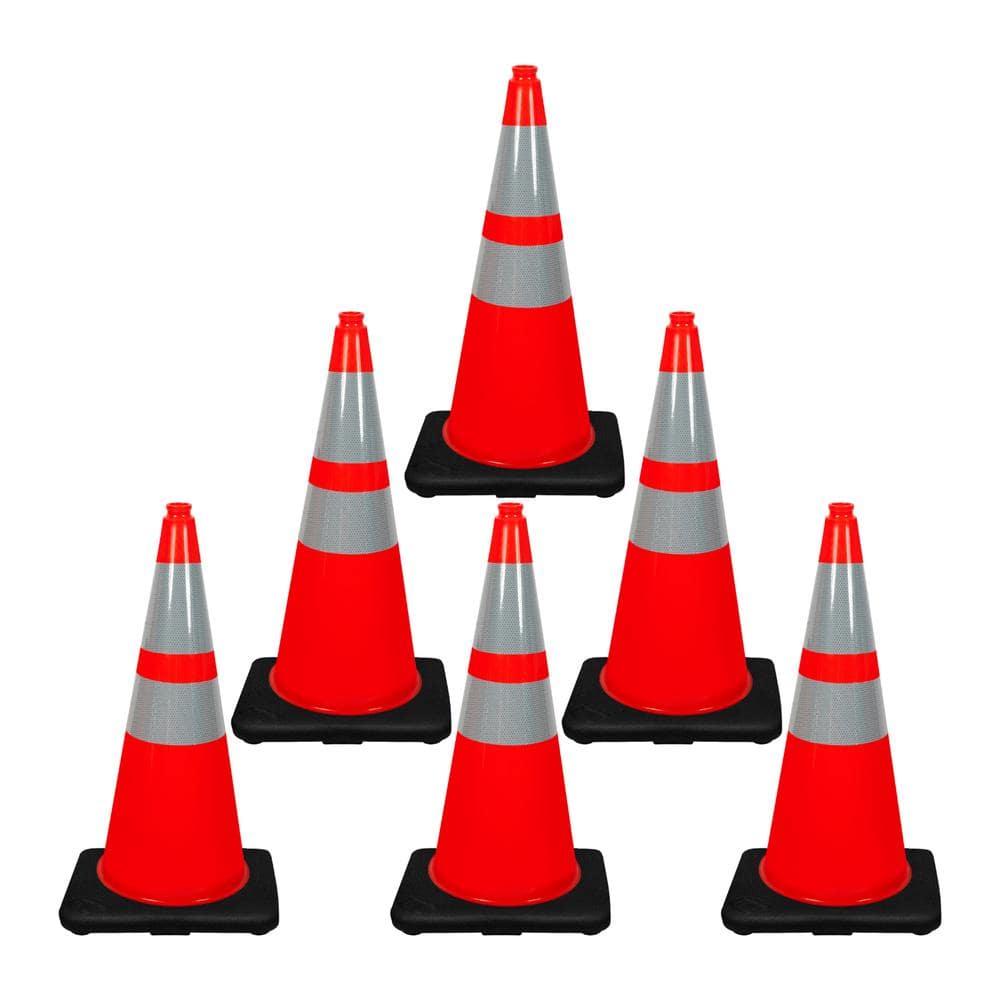28 in. Black Base Orange Safety Cone with 6 in. and 4 in. Reflective Collars (Pack of 6) - Hercitys