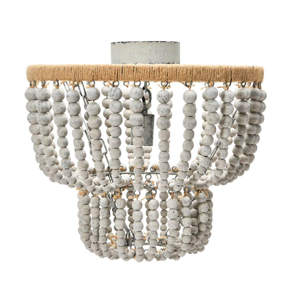 1-Light Distressed Grey 2-Tier Draped Chandelier with Wood Bead Shade - Hercitys