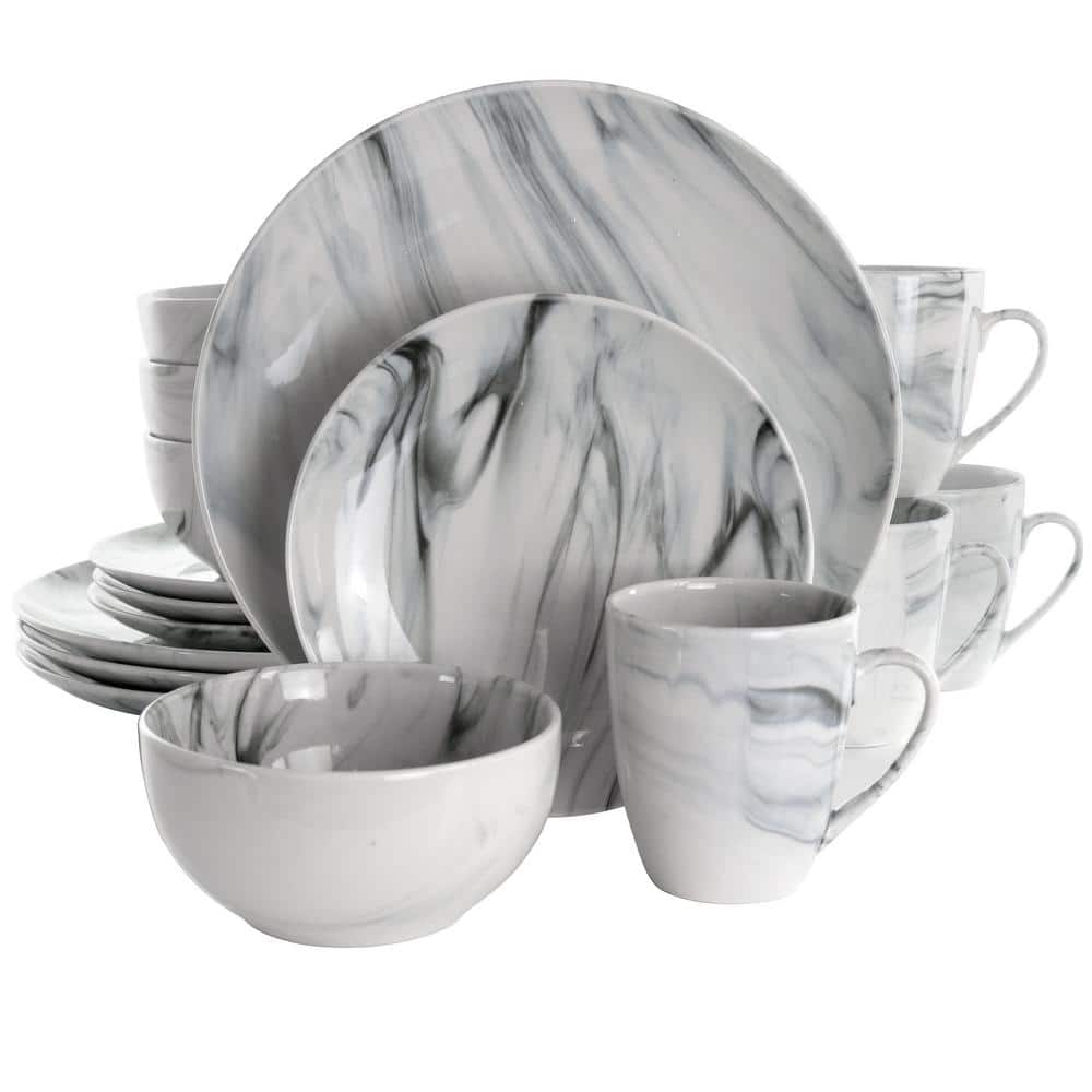 16-Piece Fine Marble Black and White Stoneware Dinnerware Set (Service for 4) - Hercitys
