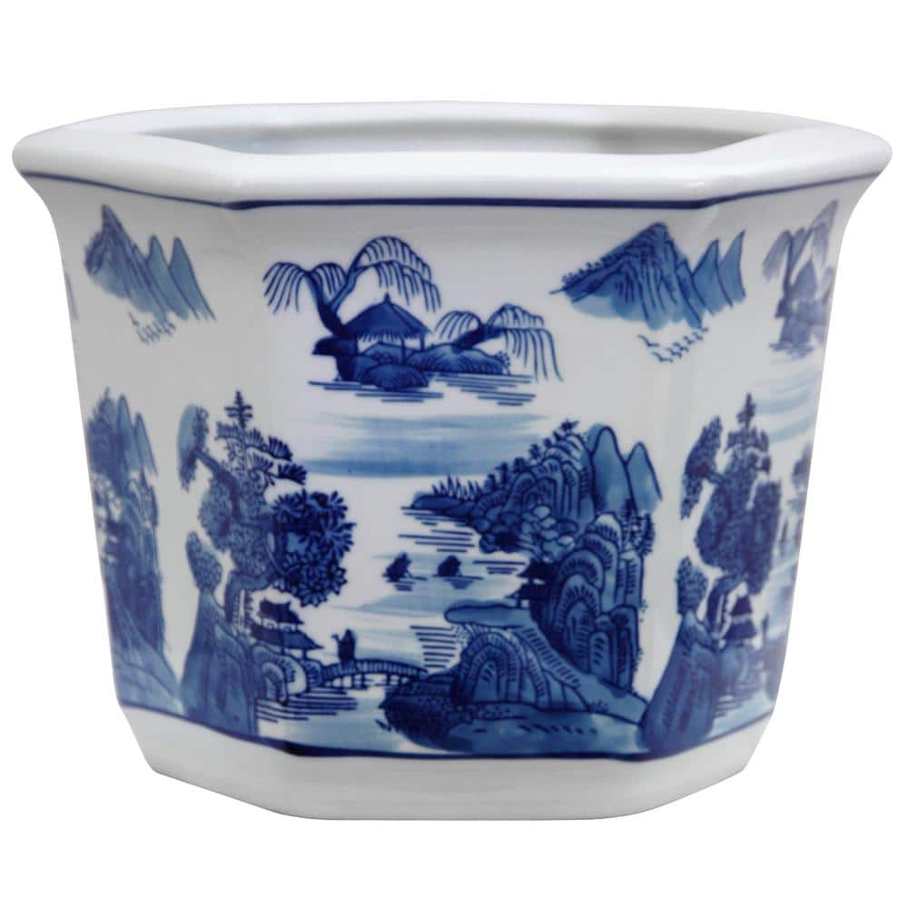 10 in. Landscape Blue and White Porcelain Flower Pot - Hercitys