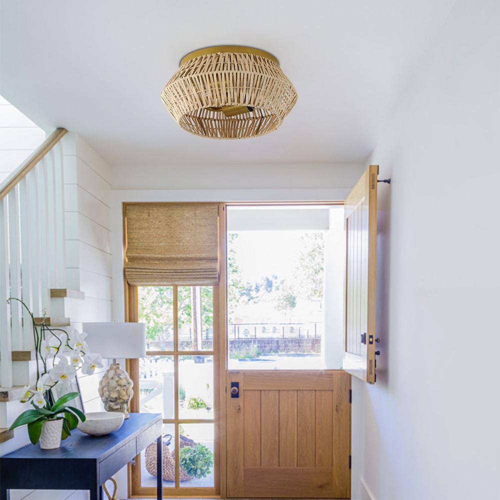 11.81 in. 2-Light Gold Farmhouse Woven Rattan Flush Mount Ceiling Light, No Bulbs Included - Hercitys