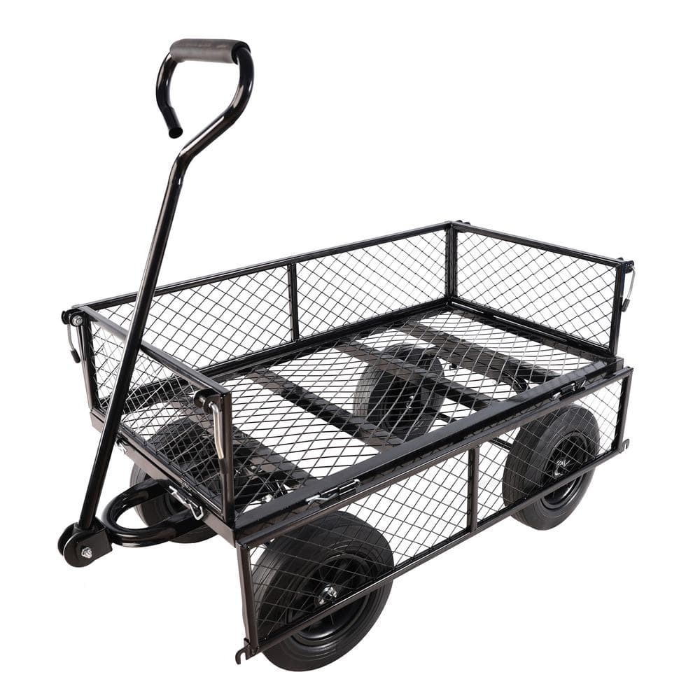3.5 cu. ft. Black Metal Garden Cart with Removable Sides and Adjustable Handle - Hercitys