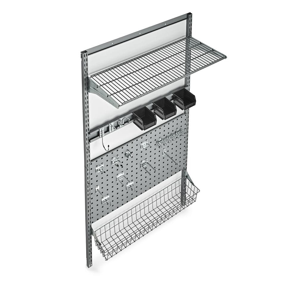 33 in. L x 63 in. H LocBoard Wall Mount Storage System with LocBoard, LocHook Asst, Wire Shelf and Basket, Hanging Bins - Hercitys