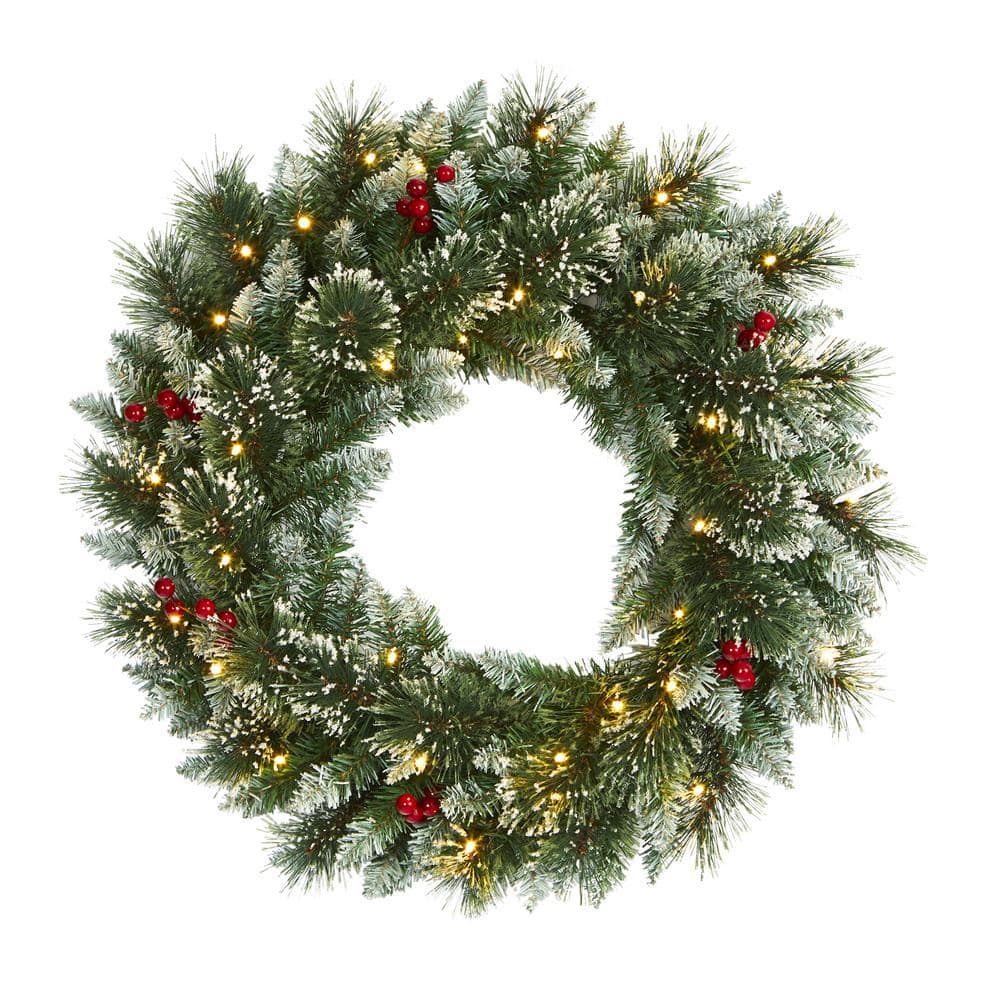 24 in. Pre-Lit Frosted Swiss Pine Artificial Wreath with 35 Clear LED Lights and Berries - Hercitys