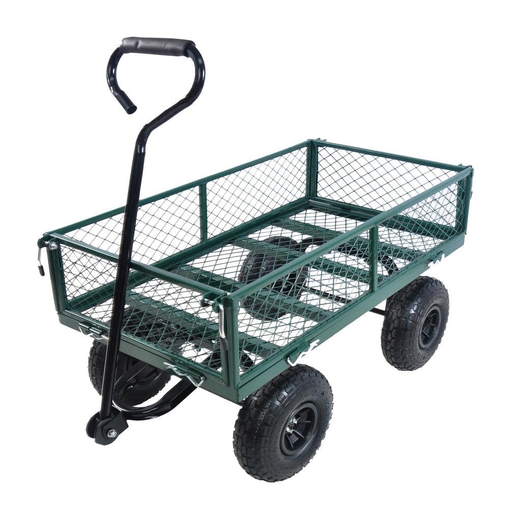 3.5 cu. ft. Mesh Steel Frame Wagon Heavy-Duty Push Garden Cart with Removable Sides for Outdoor Lawn Landscape in Green - Hercitys