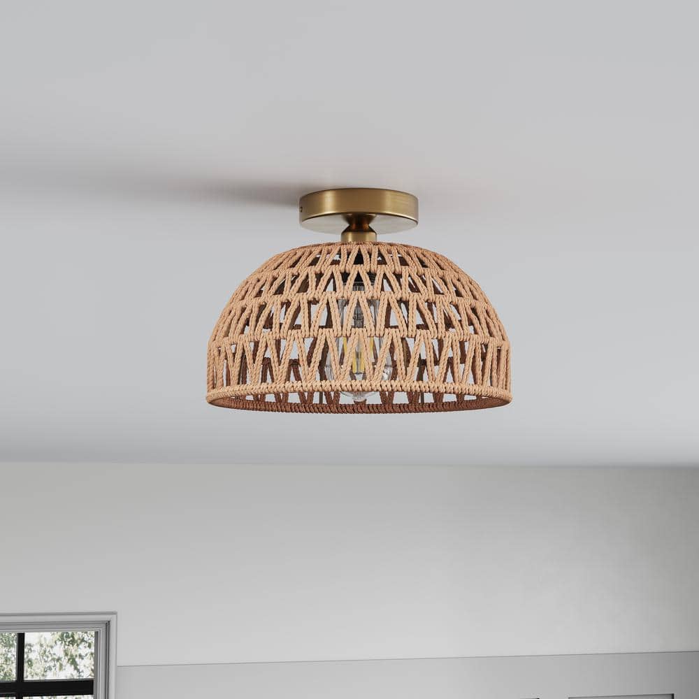 11.02 in. 1-Light Handmade Woven Boho Semi-Flush Mount Rustic Rattan Ceiling Light - Hercitys