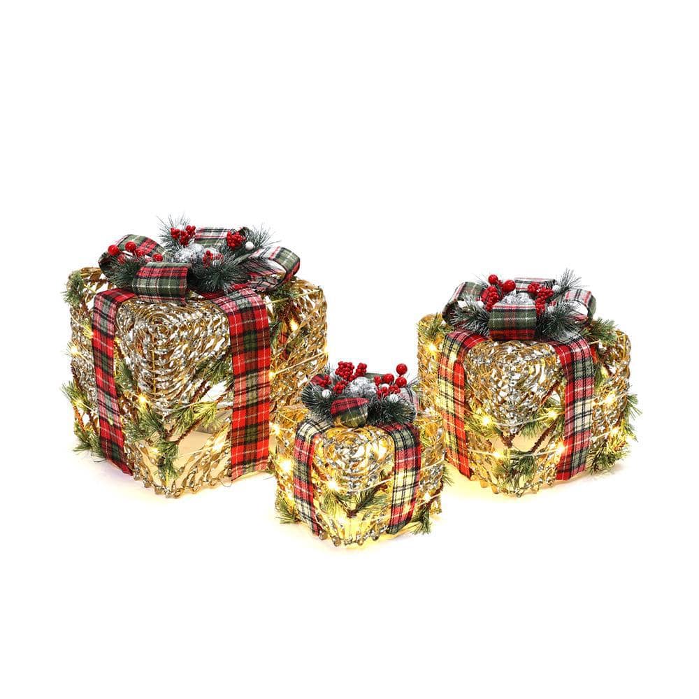 11.81 in. H 3-Piece Artificial Pine Branches Giftbox Holiday Decoration Set with Battery Operated Christmas Lights - Hercitys