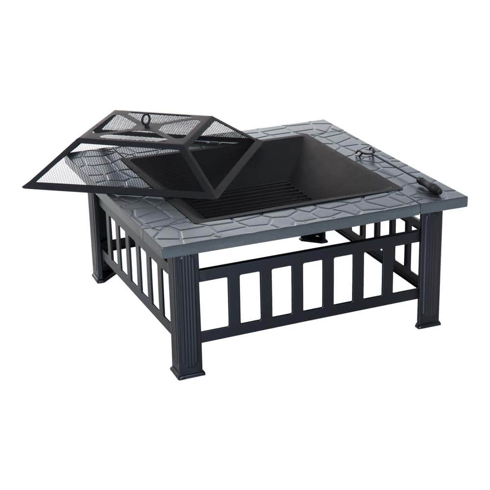 32 in. W x 18 in. H Square Steel Outdoor Patio Wood Burning Fire Pit Table in Black with Poker and Water Resistant Cover - Hercitys