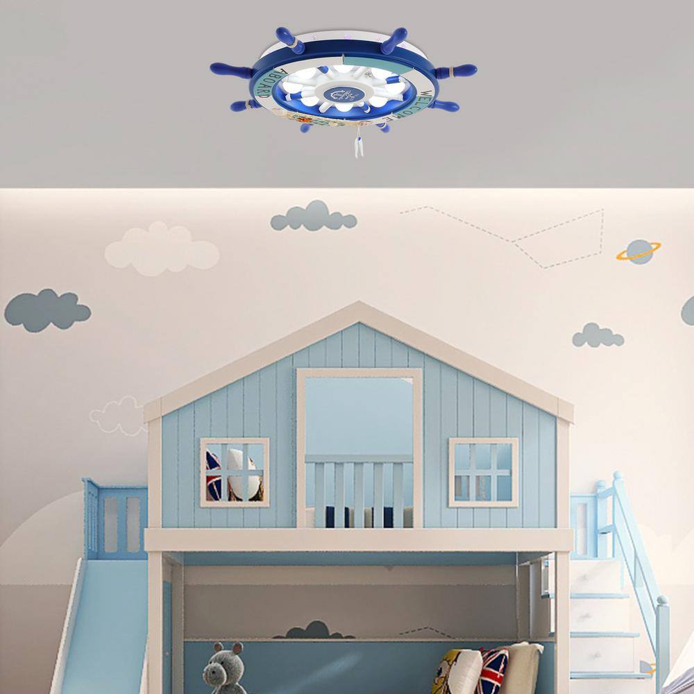 24.4 in. 8-Light Blue and White Modern Ship Rudder Shape Flush Mount Ceiling Light for Kids Room, Bulbs Included - Hercitys