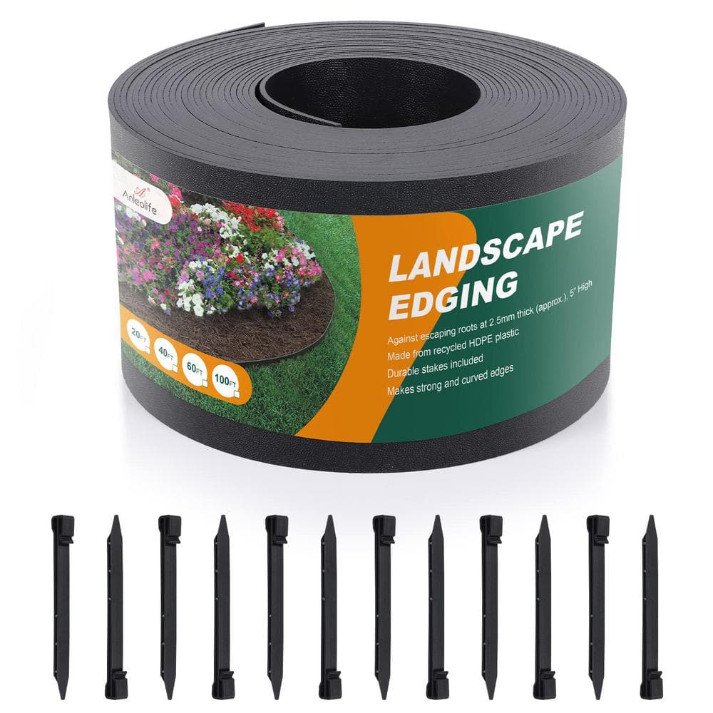 5 in. W Black Plastic Garden Landscape Edging, Border Coil (100 ft. with 30-Pieces Stakes) - Hercitys