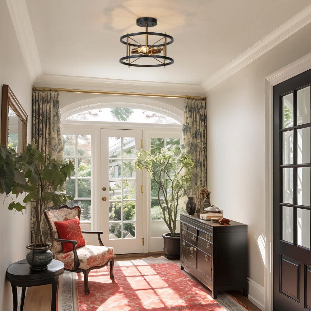 12 in. 2-Light Black Modern Semi-Flush Mount, Brass-Plated Ceiling Light, Farmhouse Open Cage Light Fixture - Hercitys