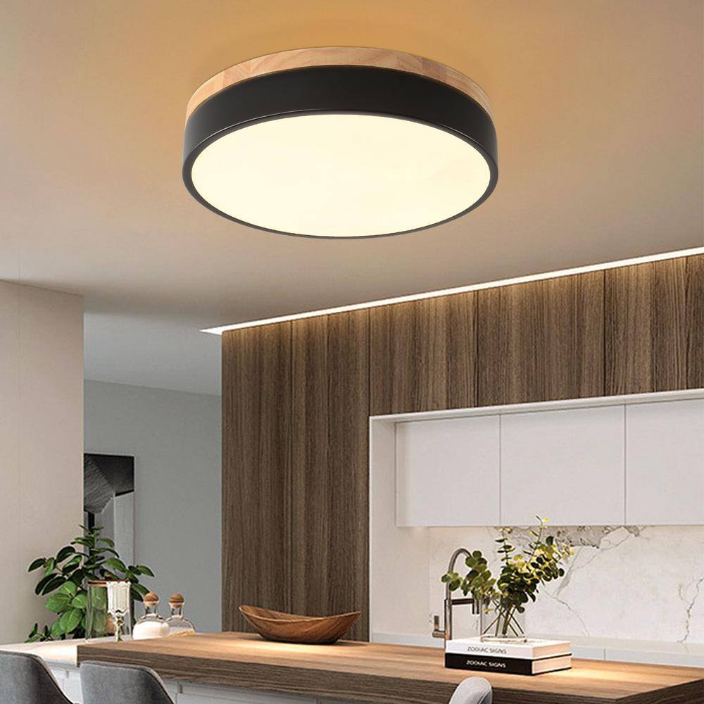 11.81 in. 1-Light Modern Round Black Selectable LED Flush Mount Ceiling Light for Living Room Kitchen Balcony - Hercitys