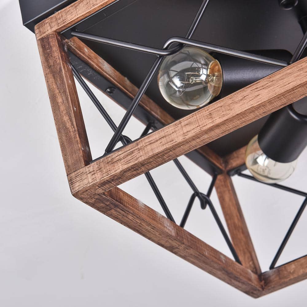 12.6 in. 4-Light Farmhouse Rustic Square Wooden Flush Mount Ceiling - Hercitys