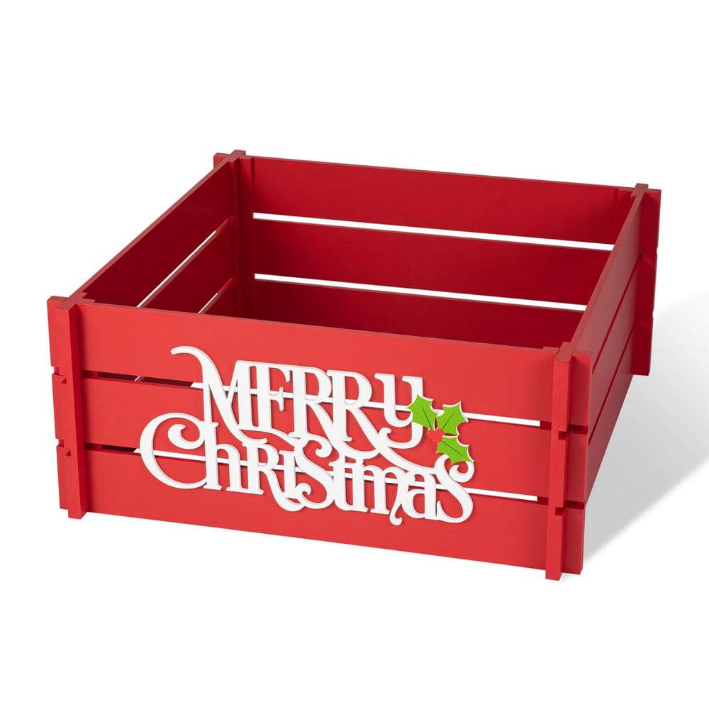 27 in. L Red “MERRY CHRISTMAS” Wooden Crate Tree Collar - Hercitys