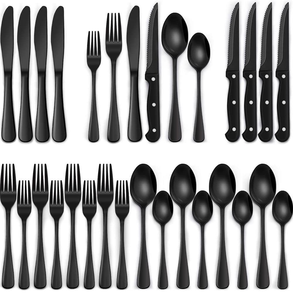 24-Piece Black Silverware Set with Steak Knives, Food Grade Stainless Steel Tableware Cutlery Set, Mirror Finished - Hercitys