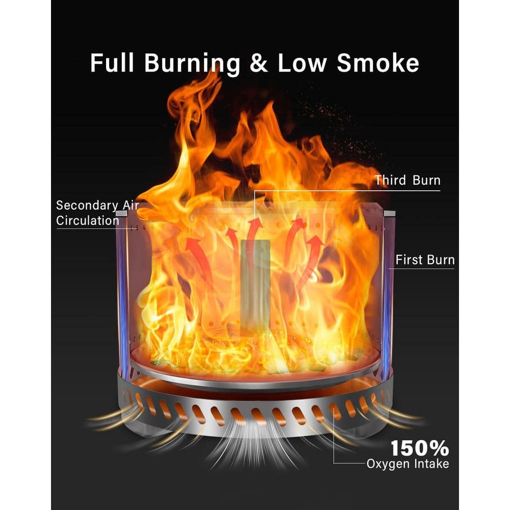 19 in. Stainless Steel Smokeless Wood Burning Patio Fire Pit for Outdoor with Removable Ash Pan and Stand and Travel Bag - Hercitys