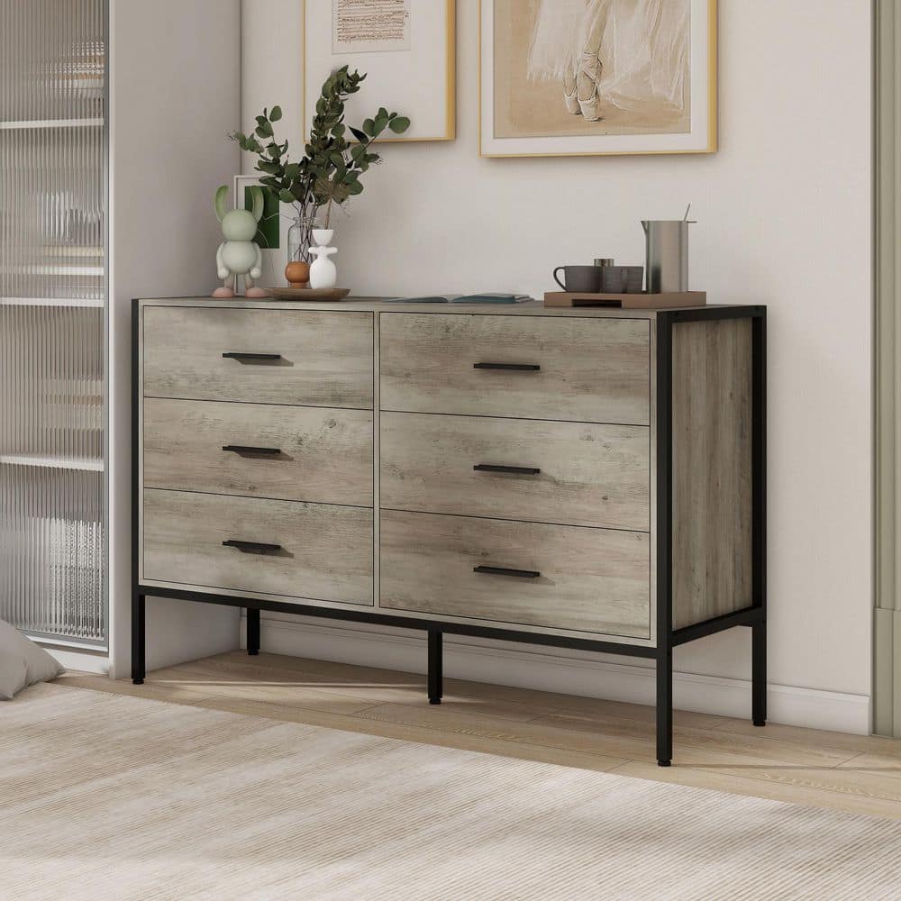 48.58 in. W Rustic Grey Wood Dresser: 6-Drawer Storage for Bedroom with Sturdy Steel Frame - Hercitys