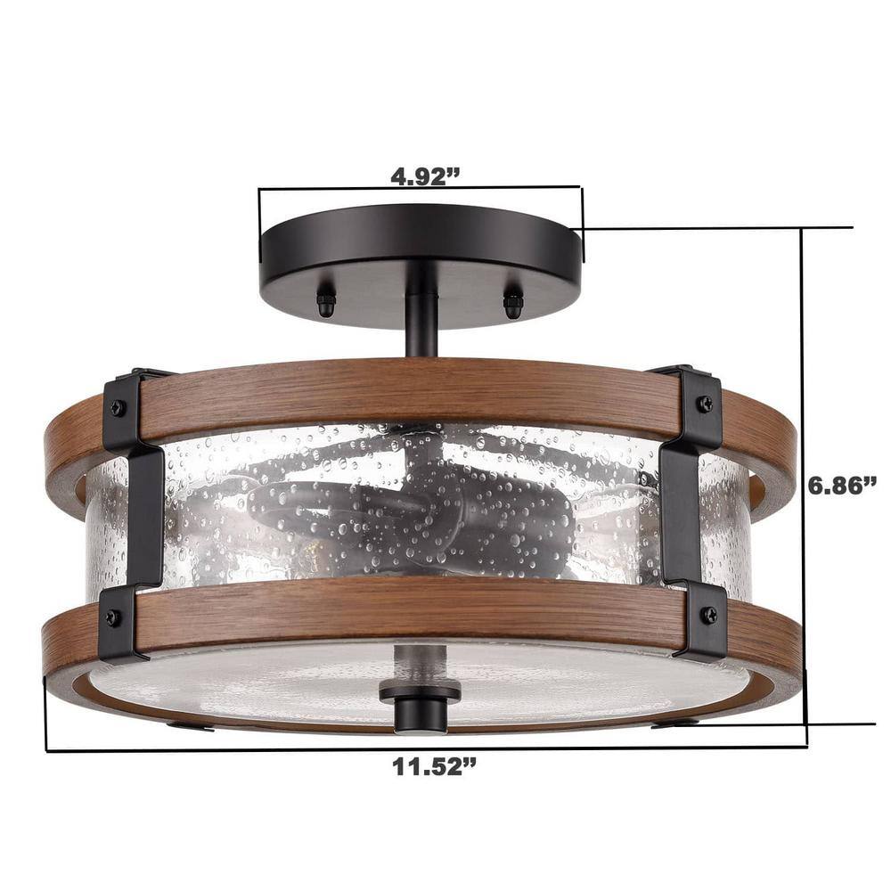15.5 in. 2-Light Black Modern Semi-Flush Mount with Seeded Glass Shade and No Bulbs Included 1-Pack - Hercitys