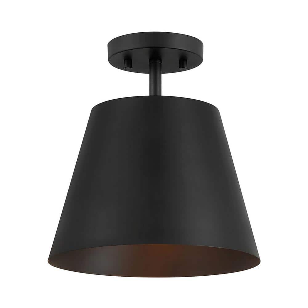 10 in. W x 11 in. H 1-Light Matte Black Contemporary Semi-Flush Mount with Metal Shade - Hercitys