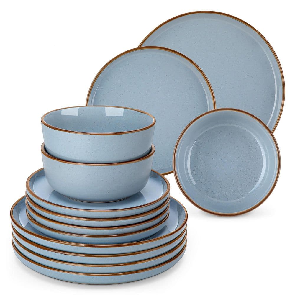 18-Piece Blue Stoneware Dinnerware Set (Service for 6) Sesame Speckles Pattern Dinner Plates Dessert Plates and Bowls - Hercitys