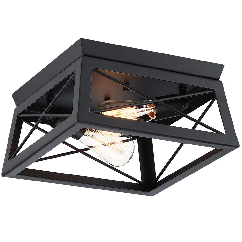 2-Light Matte Black Farmhouse Caged Square Ceiling Light Flush Mount for Hallway Bedroom Kitchen - Hercitys