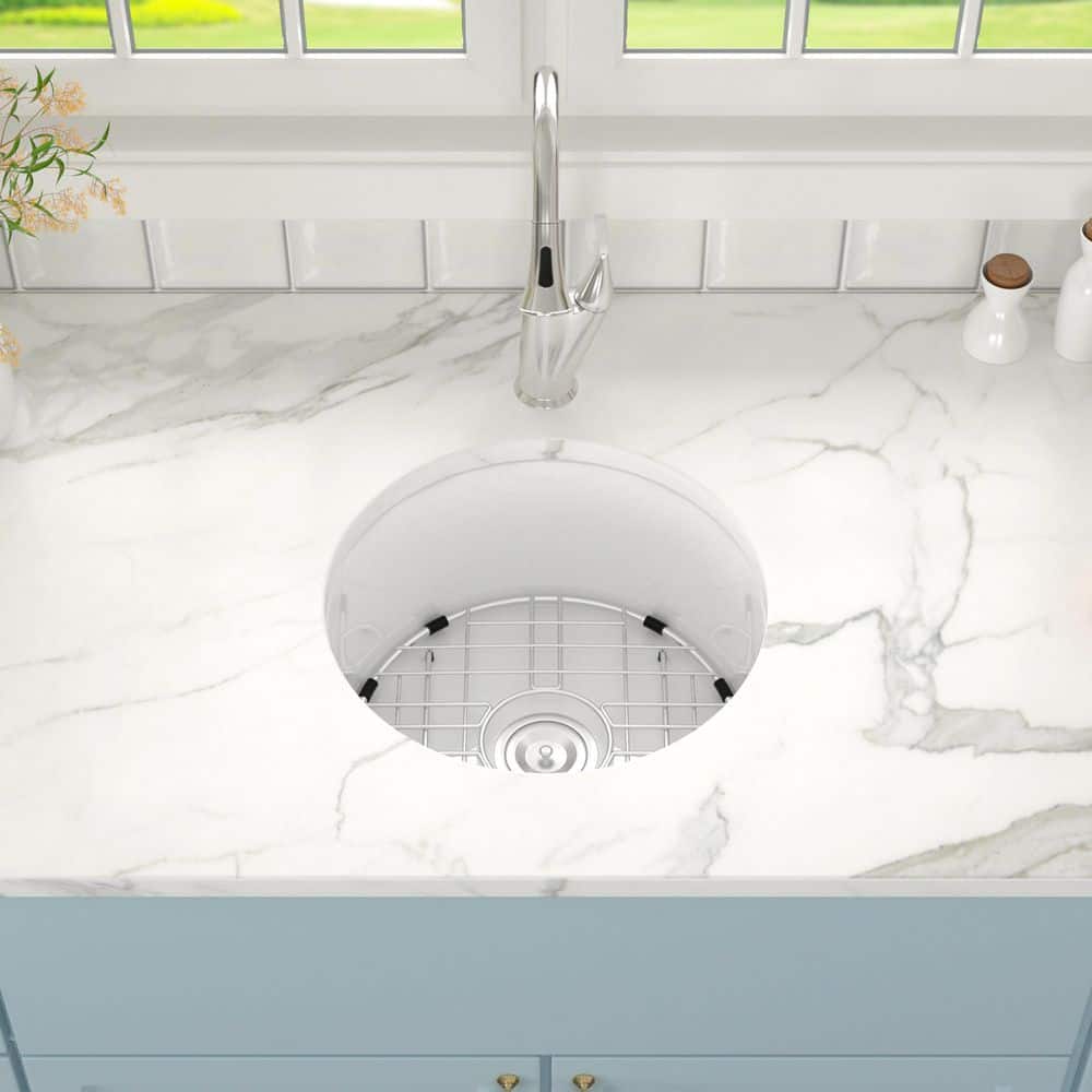 15.5 in. Undermount Ceramic Bar Sink Round White Bathroom Vessel Sink with Sink Grid - Hercitys