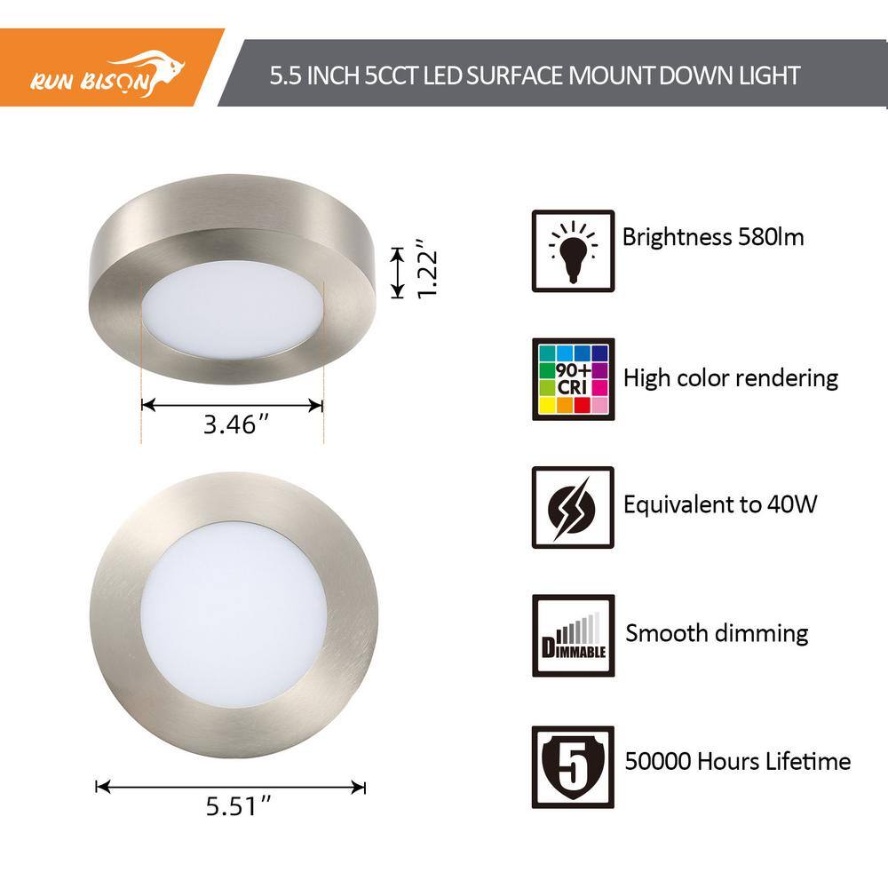 4-Pack 5.5 in. Round Color Selectable Integrated LED Flush Mount Downlight, Brushed Nickel - Hercitys