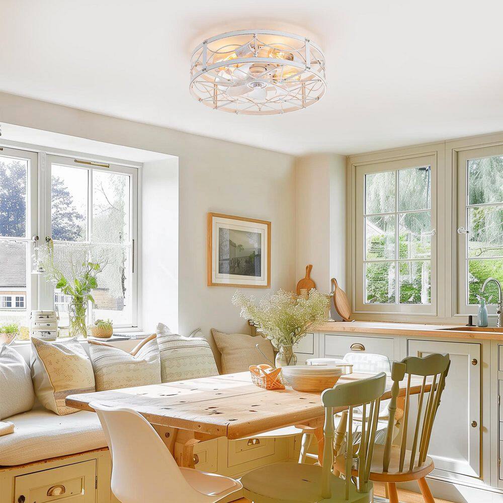 20 in. Indoor White/Gold Caged Flush Mount Industrial Ceiling Fan with Metal Light Kit and Remote Control Included - Hercitys