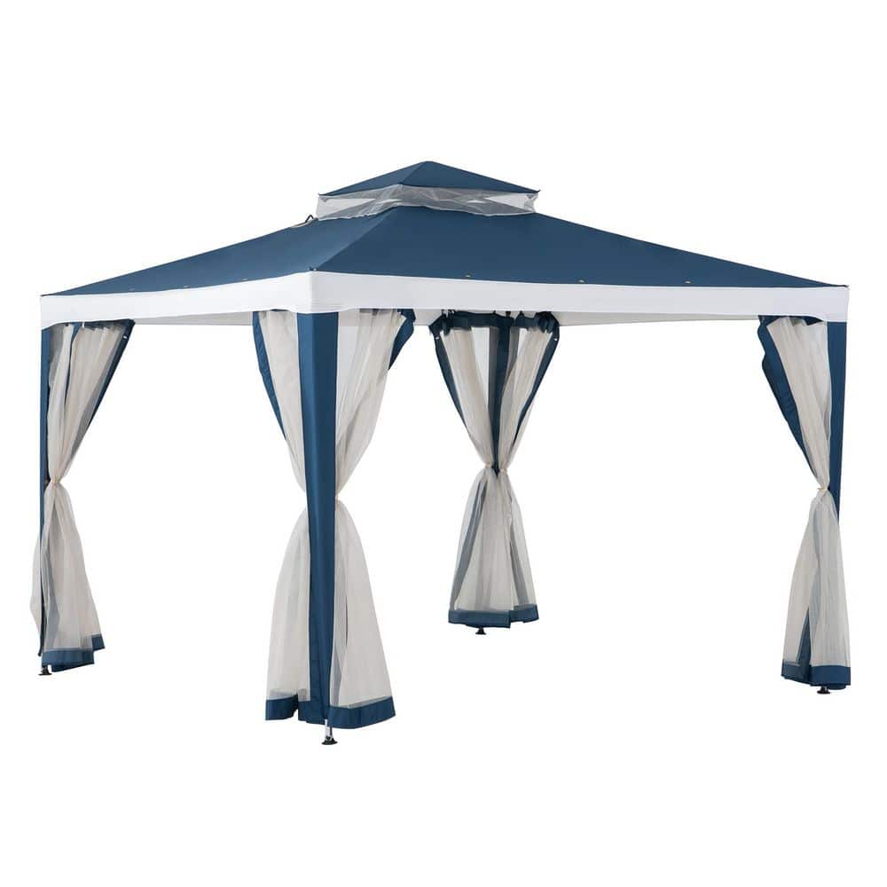 10 ft. x 10 ft. Outdoor Modern 2-Tier Steel Frame Soft Top Gazebo with Mesh Netting for Backyard-Navy Blue & White - Hercitys