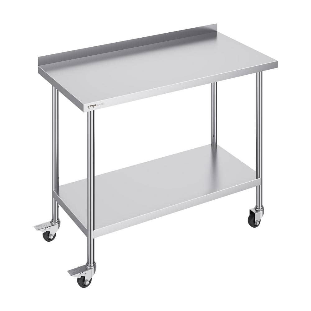 24 x 48 x 40 in. Stainless Steel Commercial Kitchen Prep Table with Casters Metal Table with Adjustable Height Silver - Hercitys