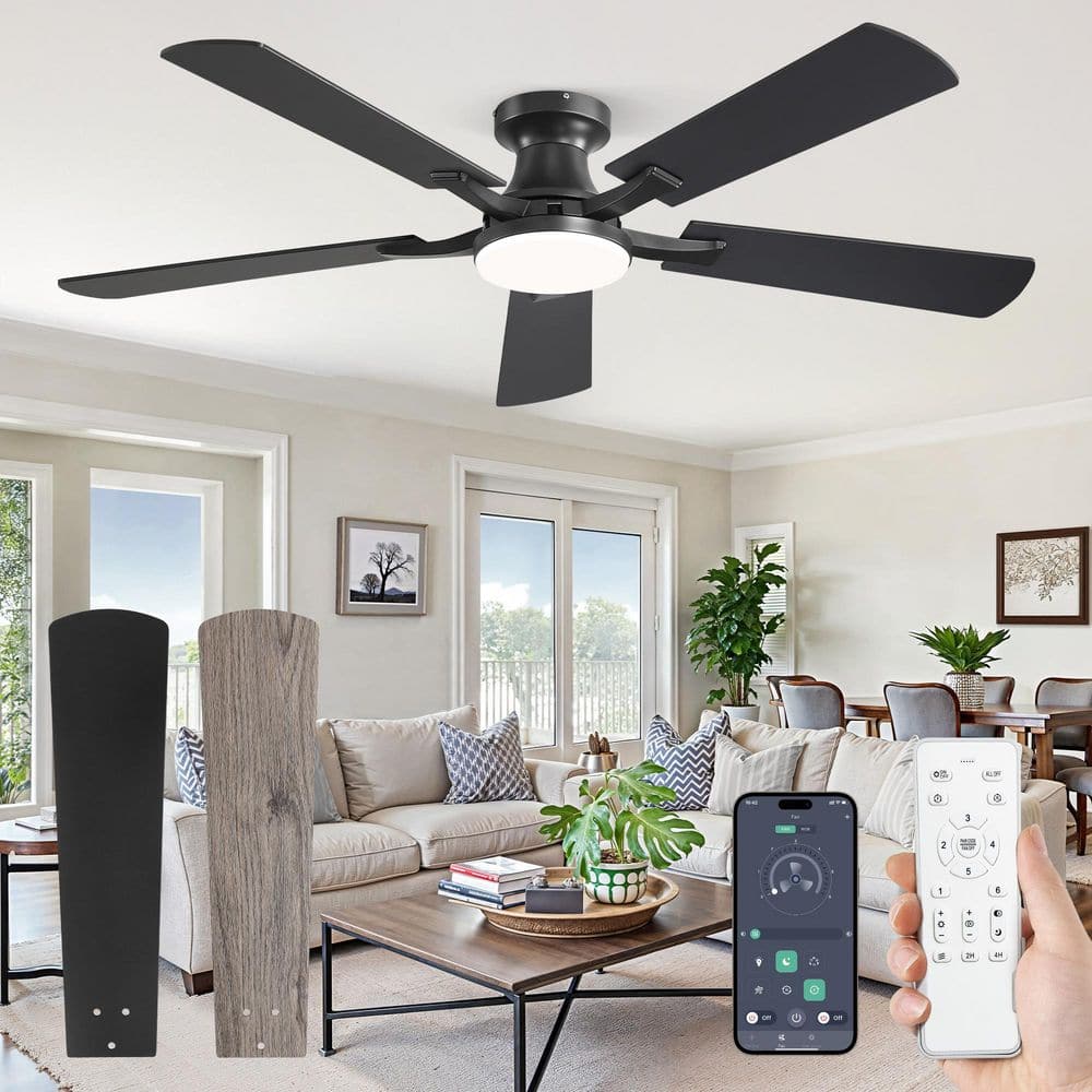 52 in. Smart Indoor Black Flush Mount Ceiling Fan with Dual-Finish Blades and Light Kit and App and Remote Control - Hercitys